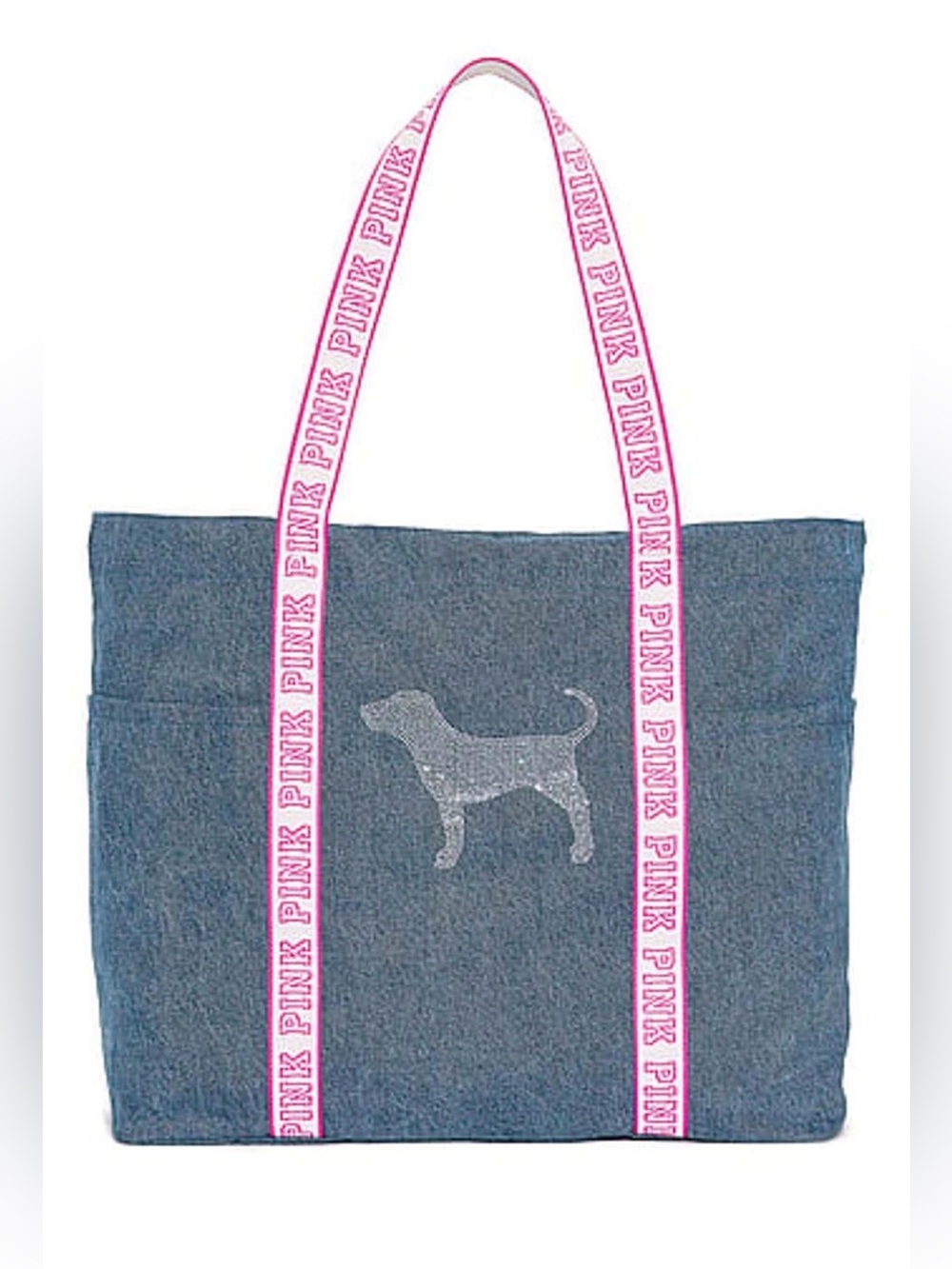 🆕 PINK Victoria's Secret Denim Tote Bag with Pink Logo Straps - Limited Edition